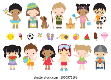 Vector illustration of cute summer kids with fun activities such as playing at the beach, camping, playing sports, having ice cream.