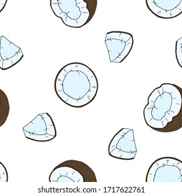  Ilustración vectorial. Un agradable patrón veraniego con coloridos trozos de coco aislados en fondo blanco. Pieza de doodle dibujada a mano. Perfecto para textiles, afiches, banner de comida, envoltura de regalo.