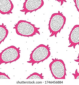 Vector illustration. Cute summer seamless pattern with colorful  half a pitaya with seeds isolated on white. Hand drawn simple doodle clipart. Perfect for fabric, textile, food banner, gift wrapping.