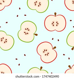 Vector illustration. Cute summer seamless pattern with ripe red and green apple halves and seeds isolated on blue. Hand drawn doodle clipart. Perfect for fabric, textile, food banner, gift wrapping.