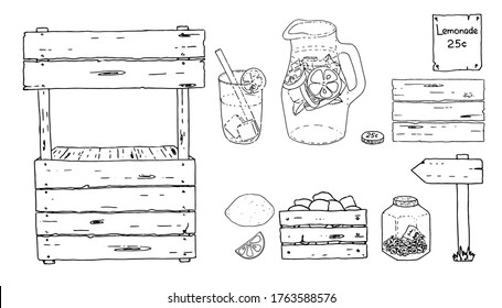Vector illustration. Cute summer set with a lemonade counter, a jug, a glass, a pointer, a box of lemons and coins isolated on white. Hand drawn doodle clipart. Ideal for poster, banner, postcards.