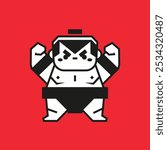 Vector illustration of a cute sumo wrestler in a bold graphic style on a red background.