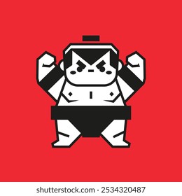 Vector illustration of a cute sumo wrestler in a bold graphic style on a red background.