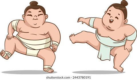 Vector illustration of cute Sumo wrestlers.Cute kids doing sumo wrestling.