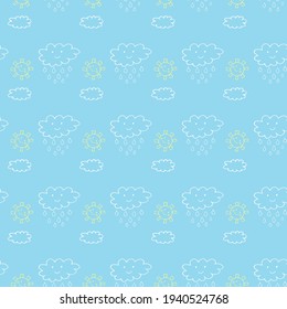 vector illustration with cute sun clouds and raindrops seamless pattern background,cute spring cartoon pattern. Repeated summer vector illustration, pretty seamless texture with tiny clouds 