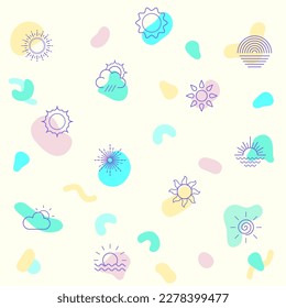 Vektorgrafik einer süßen Sonne. Kollektion von Sonnenaufgängen, Strahlen, Wetter, Sonnenaufgang, Sonnenschein, Sonne und anderen Elementen. Einzeln auf Beige.