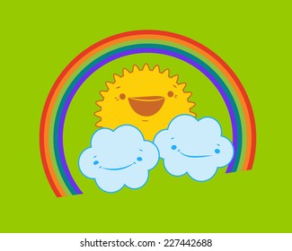 Vector illustration of cute sun, two smiling clouds and rainbow. Design for children.