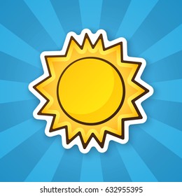 Vector Illustration. Cute Sun. Weather Symbol. Sticker In Cartoon Style With Contour. Decoration For Greeting Cards, Patches, Prints For Clothes, Badges, Posters, Emblems