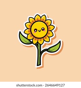 Vector illustration of cute sunflower with smile expression on orange background