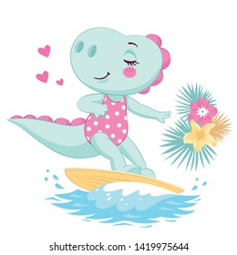 Vector illustration of a cute surfing dinosaur in a pink swimsuit.
