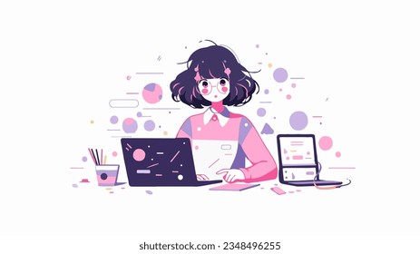 Vector illustration of cute surprised girl with laptop. Flat memphis style illustration