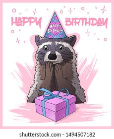 Vector illustration of cute surprised raccoon with gift box celebrating birthday. Birthday greeting card, poster