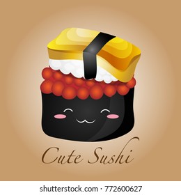 Vector and illustration of cute sushi salmon spawn wrapped with seaweed and sweet egg with Japanese rice in cute cartoon