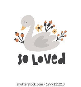 vector illustration of cute swan, flowers and so loved hand lettering text, image for baby shower designs, nursery decor and other children related products