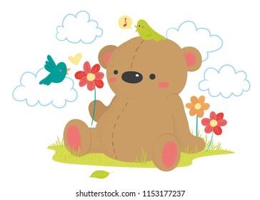 Vector illustration of cute and sweet brown bear sitting among flowers and birds