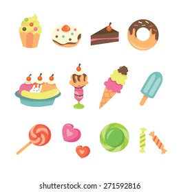 A vector illustration of cute sweet desserts icon set. Included in this set:- cupcake, donut, cake, pastry, sundae, ice cream, ice pop, candies, sweets and lollipop.