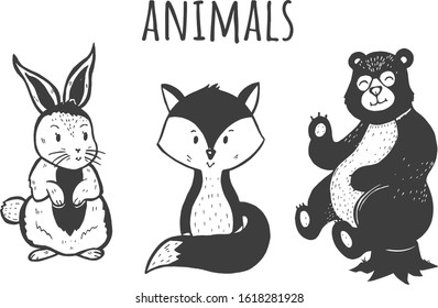 Vector illustration of cute and sweet forest animals set. Fox, hare, bear. Kawai cartoon characters. Vintage hand drawn style.