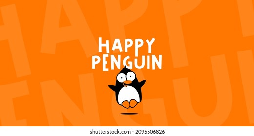 Vector illustration of a cute, sweet and happy penguin on orange background.
