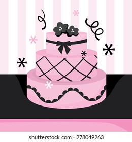 A vector illustration of a cute sweet pink three tier cake with ribbons.