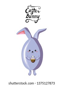 Vector illustration of cute sweet rabbit in style kawaii  holding a decorated egg in its paws with handwritten phrase easter bunny. Suits for greeting cards, flyers, posters, banners