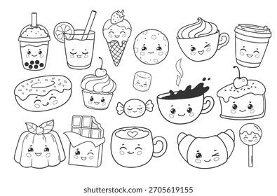 Vector illustration of cute sweets, desserts and drinks with faces in black and white. Line art food character collection.