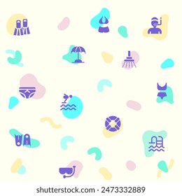 Ilustración vectorial de una linda piscina y piscina. Colección de buceo, verano, actividad en la playa, traje de baño, bikini, baúles, gorra de natación, gafas, aletas, natación y otros Elementos. Aislado en beige.