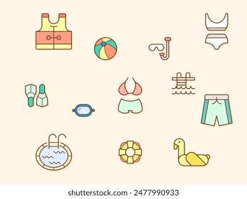 Ilustración vectorial de una linda piscina y piscina. Colección de buceo, verano, actividad en la playa, traje de baño, bikini, baúles, gorra de natación, gafas, aletas, natación y otros Elementos. Aislado en beige.