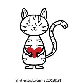  Vektorgrafik süßer Tabbierkatze für Valentinstag. Valentinstag-Karte. Kid illustriert eine Katze im Doodle-Stil.