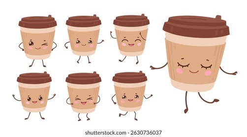 Vector illustration of cute takeaway coffee cups with fun emotions. Adorable coffee objects, isolated.