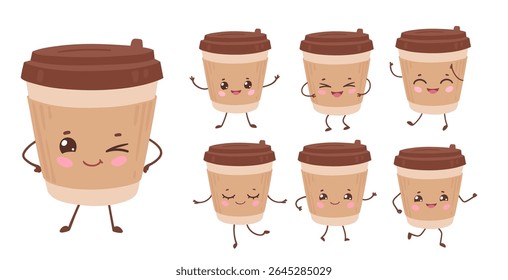 Vector illustration of cute takeaway coffee cups with different emotions. Funny character set, isolated illustration.