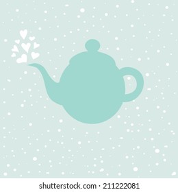 Vector illustration of cute tea pot with heart on blue