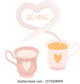 Vector illustration of cute teacups. Valentine's Day greetings card with hearts. Simple flat style mug.