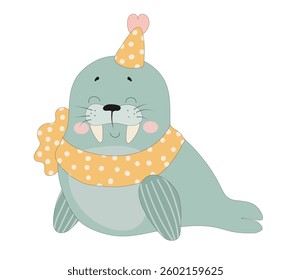 Vector illustration of a cute teal walrus with pink cheeks, wearing a yellow polka dot scarf and party hat, isolated on a white background.