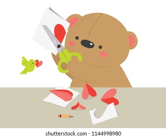 Vector illustration of cute teddy bear crafting heart cards for Valentine's