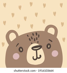 Ilustración vectorial.  Oso de peluche sobre un fondo beige con corazones. Gráficos a mano libre.  Se puede usar como postal, imprimir.