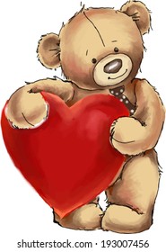 Vector illustration. Cute teddy bear with big red heart.