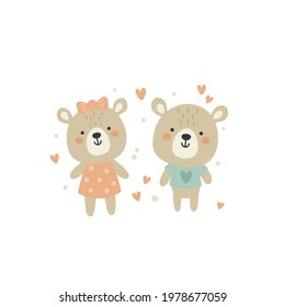 vector illustration of cute teddy bear couple, clipart for kids, children illustration, romantic card template for valentine's day