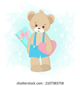 Vector illustration of a cute teddy bear. Gift toy for Valentines day, birthday, Christmas, holiday. Doodle.