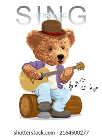 Vector illustration of cute teddy bear sitting on tree trunk playing acoustic guitar