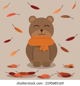 Ilustración vectorial de un oso de peluche lindo con una bufanda entre hojas caídas. Ilustración de otoño
