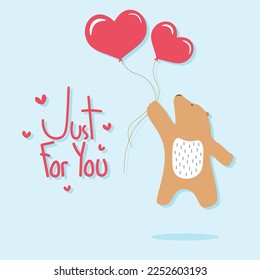 Ilustración vectorial de un oso de peluche lindo sosteniendo un par de globos rojos con la fase dibujada a mano 'sólo para ti' para el concepto del día de San Valentín