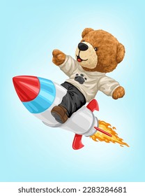 Vector illustration of cute teddy bear on rocket ship