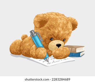 Vector illustration of cute teddy bear writing lying on floor