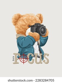 Vector illustration of cute teddy bear holding camera