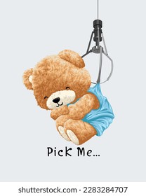 Vector illustration of cute teddy bear holding by claw machine