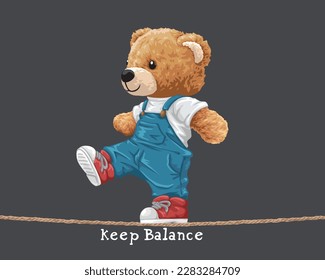 Vector illustration of cute teddy bear walking on tightrope