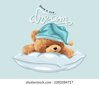 Vector illustration of cute teddy bear with sleeping hat on pillow svg