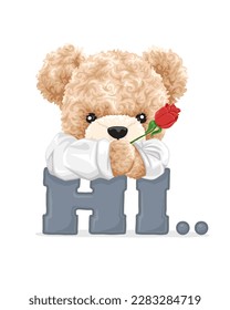 Vector illustration of cute teddy bear holding roses with hi text