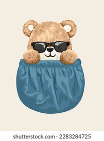 Vector illustration of cute teddy bear with sunglasses in big pocket