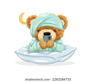 Vector illustration of cute teddy bear in pajamas holding cellular phone on pillow with crescent moon  svg